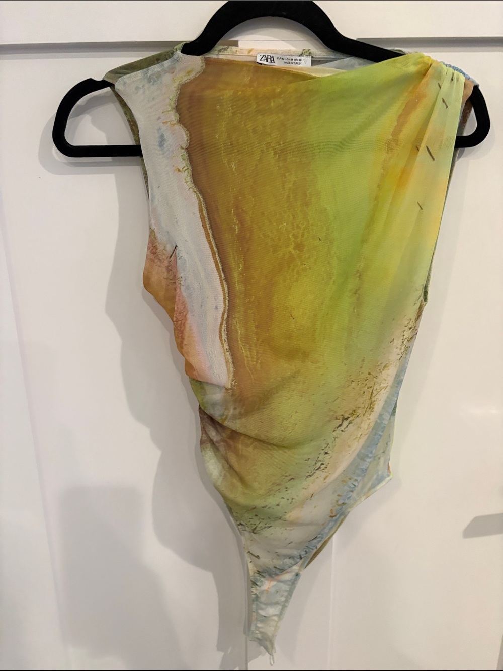 Zara Yellow-Green Sheer Abstract Draped Top